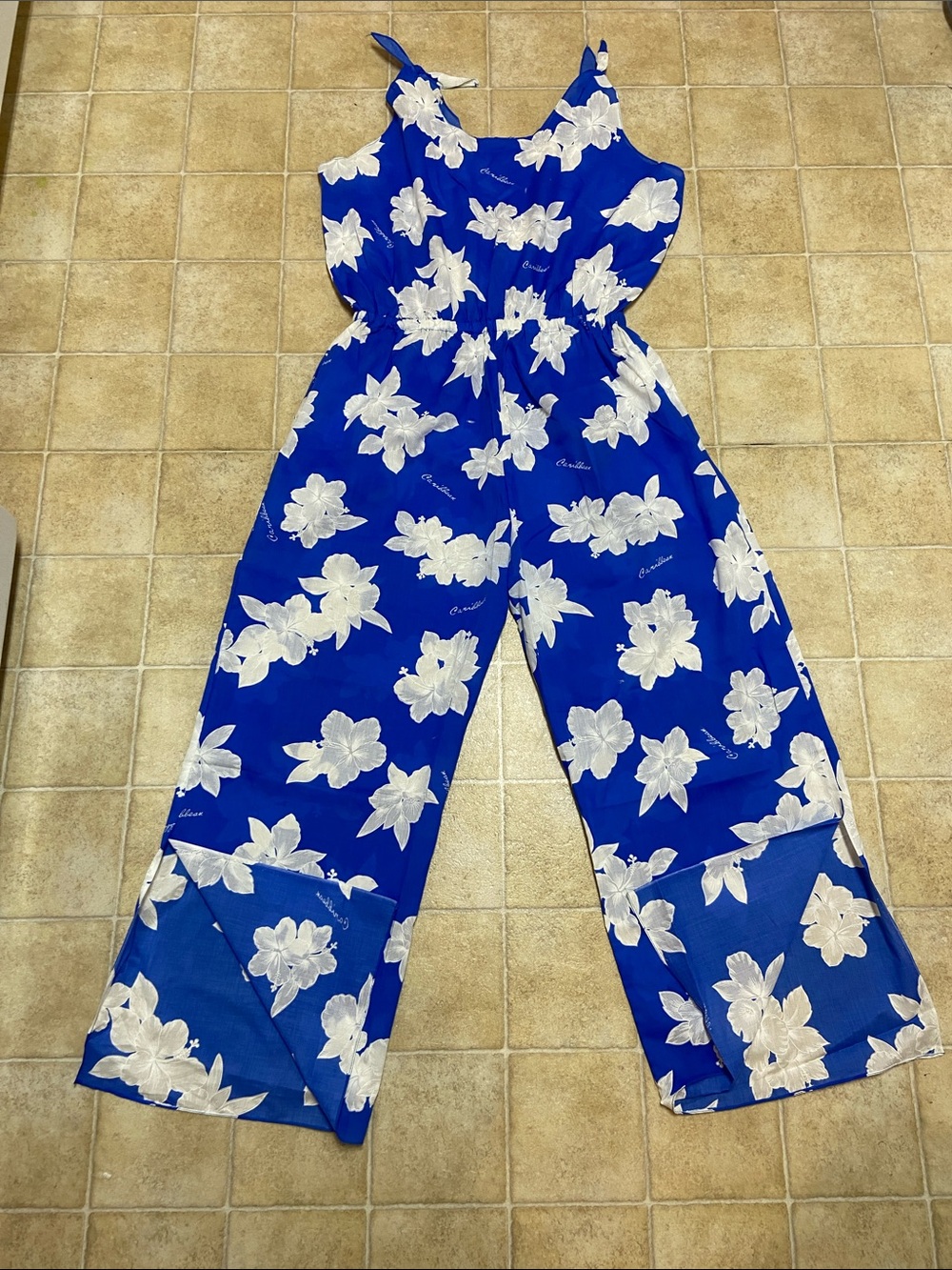 Bright Blue Floral Tie-Shoulder Sundress Jumpsuit Sz, Approxi, XL